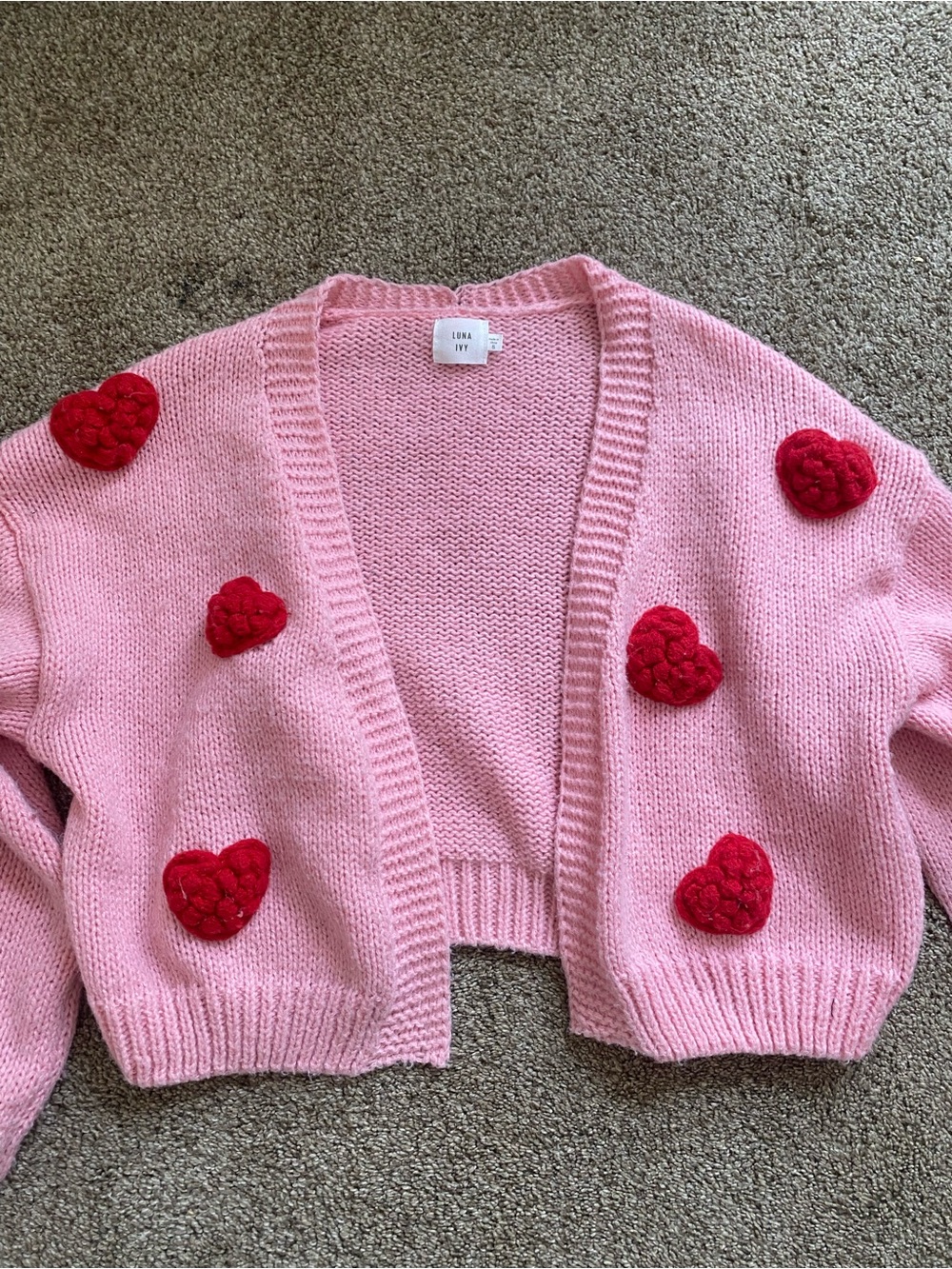 Luna Ivy Pink Cropped Cardigan with Red Heart Appliqués